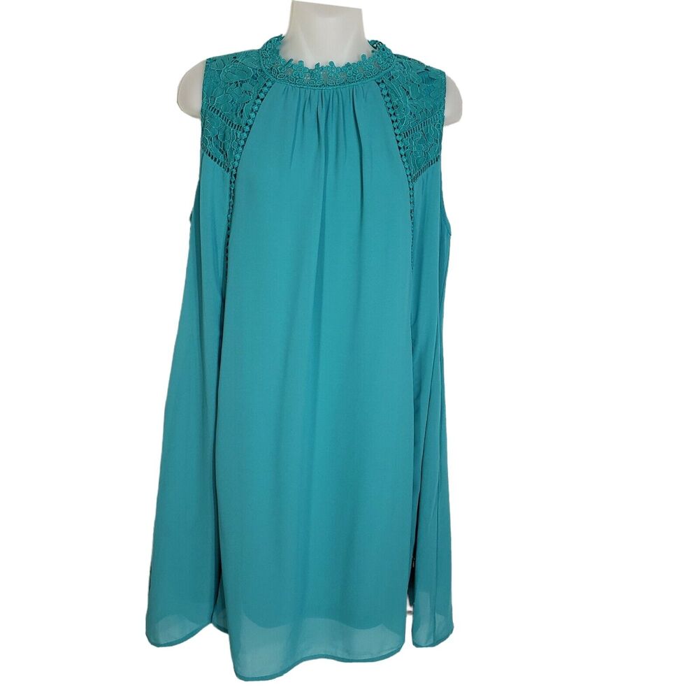 Plush Boutique Women’s Mini Dress Small Teal Floral Lace Crochet Lined Pockets